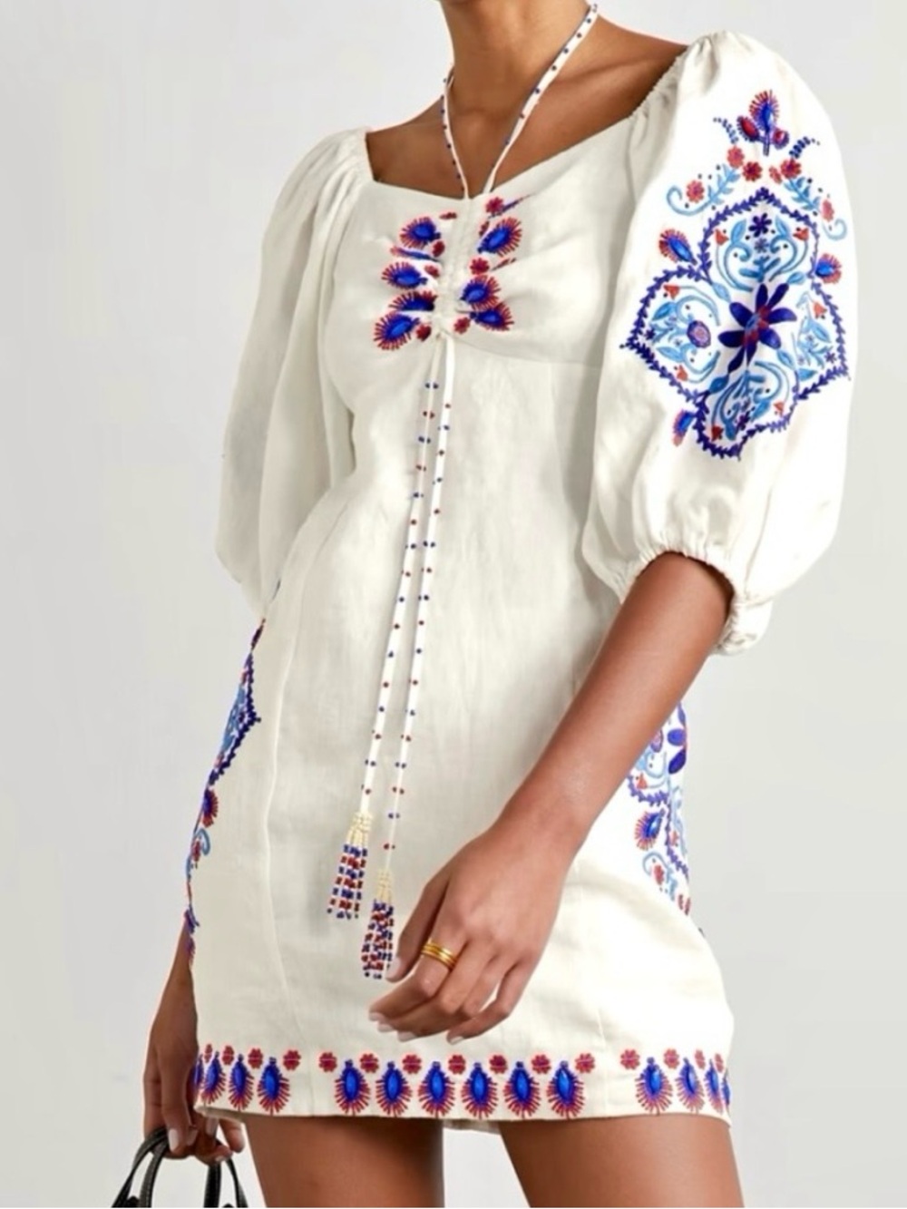 FARM Rio Off white /Navy Embroidery Linen mini dress - NWT